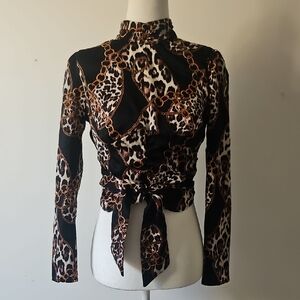 Chic Animal Print Tie-Front Blouse